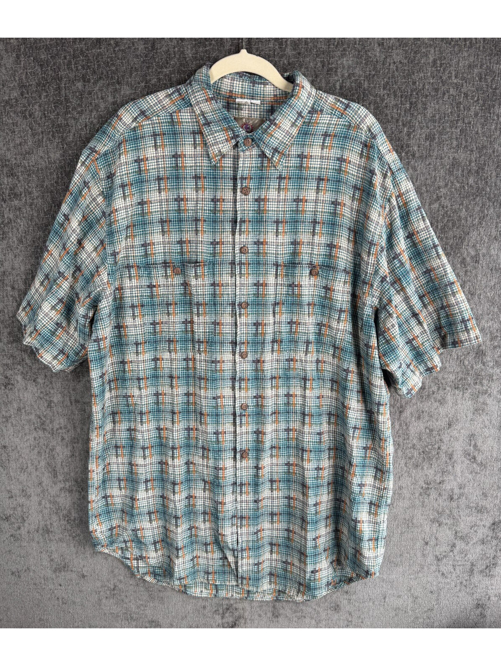 The Territory Ahead Short Sleeve Textured Plaid Shirt Mens XL Tall Teal Brown